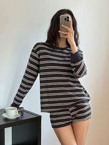 DAZY Conjunto de ropa de estar en casa informal de punto a rayas para mujer - Azul - Ver 6