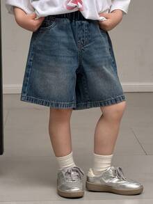 DAZY 男童松紧腰斜插口袋休闲牛仔短裤 - 藍色 - 查看 6