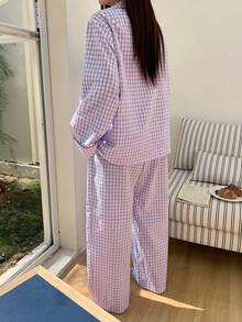 Dazy Plus 2 piezas Conjunto de pijama a cuadros, parte superior holgada con solapa y pantalones largos, traje de ropa de dormir para primavera, verano y otoño - Morado - Ver 5