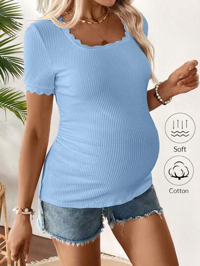 SHEIN Maternity Casual Solid Color Short Sleeve Fitted T-Shirt, Summer