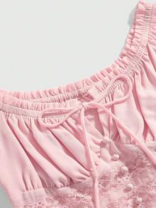 ROMWE Avant 优雅露肩荷叶边下摆上衣，适合女士海滩度假 - 淺粉色 - 查看 4