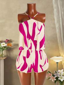 Mistrie Women's Summer Beach Vacation Style All-Over Print Pleated Halter Romper - Hot Pink - View 7