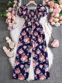 Sparklyn Girls' Allover Print Romper With Square Neck And Puff Sleeves, Summer Vacation Style - Navy Blue - View 2