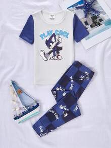 男童可爱卡通印花短袖修身睡衣套装 - 藍色 - 查看 6