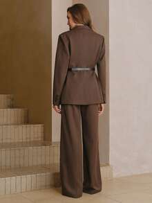 Anewsta Urban Chic Striped Long Sleeve Lapel Blazer Jacket + High Waist Drape Striped Suit Pants Women's Suit Set With Belt - Brown - View 2