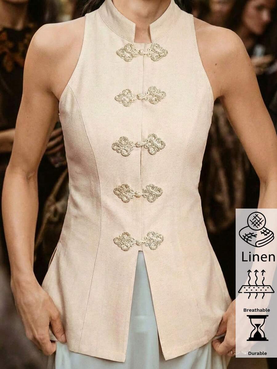 Amorya Women's New Elegant Mandarin Collar Button Linen Feeling Vest, Versatile Daily Wear Top Valentine's Day Valentine's Day Spring Outfit Women Summer Clothes - Apricot - View 1