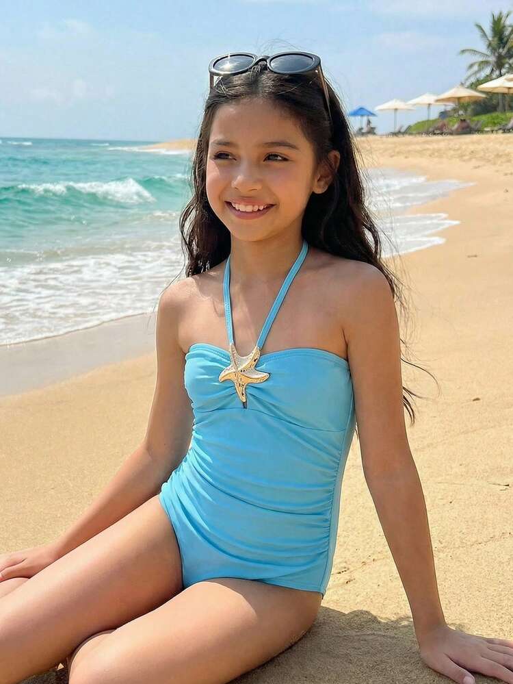 Emery Rose Kids Emery Rose Kids Girls' Pale Blue Star Decor Halter One-Piece Swimsuit - Blue - View 11