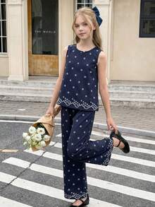 SHEIN Tween Girl Floral Print Round Neck Tank Top And Wide Leg Pants Casual Outfit - Navy Blue - View 1