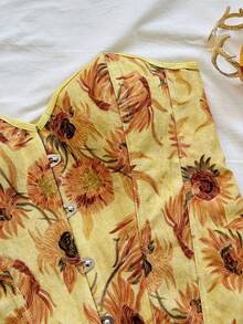 Soleia 女士复古宫廷风彩色花卉提花印花抹胸露脐上衣，带纽扣和后系带 - 黃色 - 查看 6