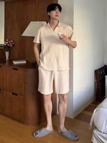 DAZY Summer Short Sleeve Polo Shirt Paired With Shorts Apricot Color Men Pajama Set - Apricot - View 4