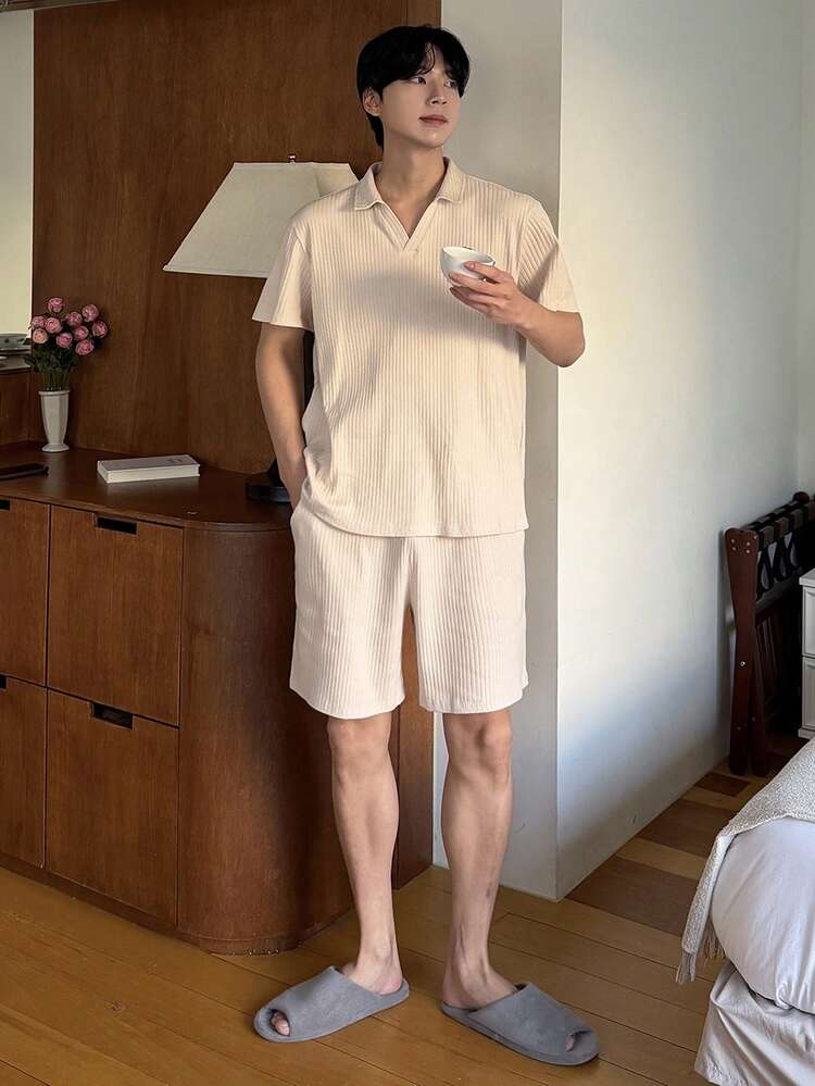 Summer Short Sleeve Polo Shirt Paired With Shorts Apricot Color Men Pajama Set