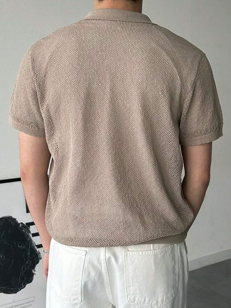 Men's Solid Color Khaki V-Neck 3/4 Sleeve Knit Top, Summer