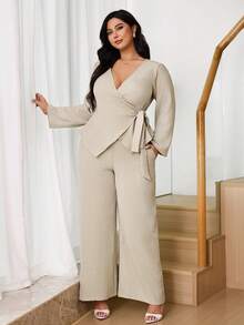 SHEIN Tall CURVE 大码女装春秋季休闲日常工作服简约纯色V领系带裹腰上衣和阔腿裤两件套 - 杏色 - 查看 5