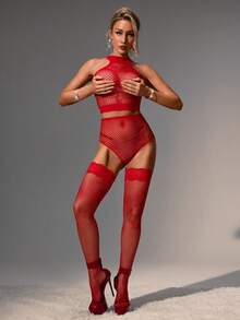 SpicyHot 3pcs/Set Women Sexy Knitted Mesh Top, Panty And Thigh High Socks, Stretchy Fabric, Hollow Out Design, Suitable For Nightclub, Party, Gathering - Red - View 5