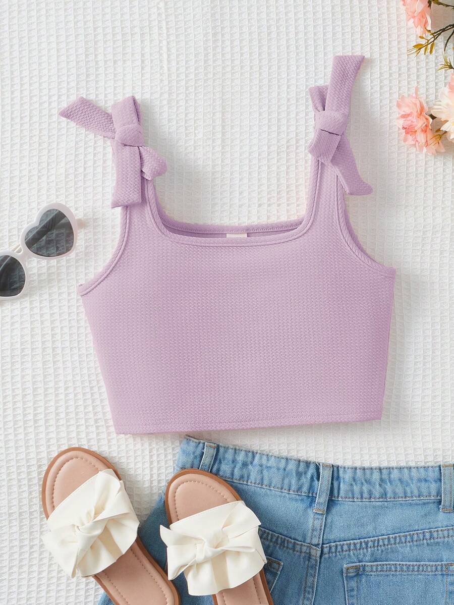SHEIN Sweet Cute Square Neck Bow Knit Jacquard Camisole For Young Girls, Summer - Dusty Purple - View 1