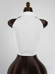 SaltGleam SaltGleam Áo sơ mi nữ không tay dáng ôm, màu trơn, cài một hàng cúc, kiểu dáng thường ngày. - trắng - Xem 2