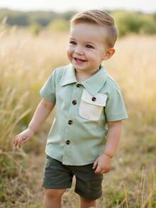 SHEIN Playful Pals Kemeja Lengan Pendek Musim Panas untuk Bayi Laki-laki - Hijau - View 6