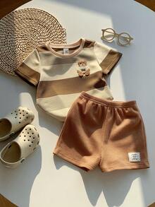 SHEIN 6件套男女宝宝休闲可爱夏季针织狮子卡通印花短袖T恤和松紧腰短裤套装，基础款多件套 - 彩色 - 查看 8