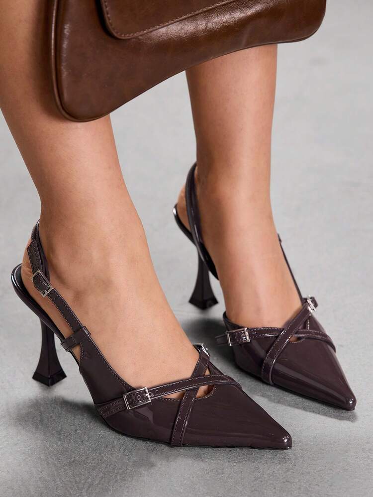 CUCCOO SZL Women's High Heels Pointed 9CM Women's Elegant Stiletto Shoes Back Strap Easy To Wear Mirror PU Material Cross With Buckle Coffee Brown High Heels Kitten Heel Sexy Versatile Suitable For Daily/Party/Office Professional Shoes Women's Shoes