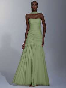 Elitara 优雅薄荷绿极简主义高弹网纱无肩带褶皱腰A字连衣裙，适合约会、单身派对、婚礼、正式场合 - 綠色 - 查看 5