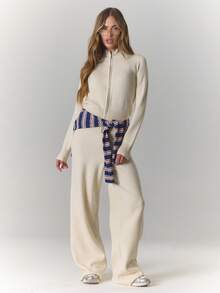 MUSERA 针织漏斗领混色拉链开衫，仅限冬季居家穿着，舒适保暖，适合工作、休闲、优雅等多种场合，尽显春季时尚魅力。 - 奶油色 - 查看 2