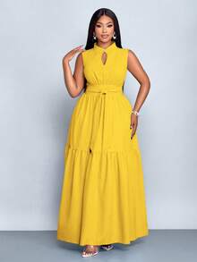 SOLERSUN 加大码蓝色立领前开襟无袖束腰系带连衣裙女式优雅休闲时尚通勤外出连衣裙夏季新款女装 - 芥末黃 - 查看 3