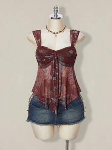 SHEIN ICON Áo tank top không tay in họa tiết tối giản kiểu miền Tây, phong cách hippie, áo cao bồi, áo kiểu khăn choàng, hàng mới về năm 2026 dành cho nữ, thích hợp cho các lễ hội mùa xuân hè. - Nhiều màu - Xem 4