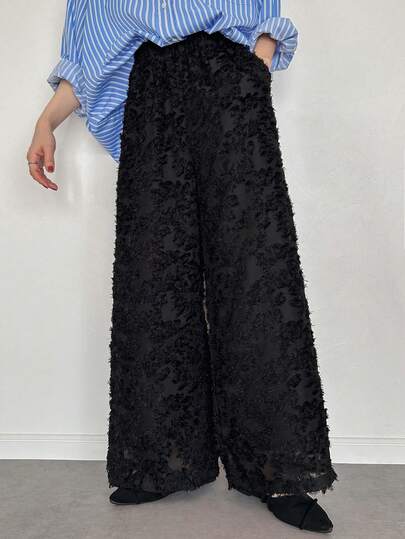 FRIFUL Women's Solid Color Sheer Textured Fabric Elastic Waist Straight Leg Loose Casual Pants, Versatile For Spring And Summer