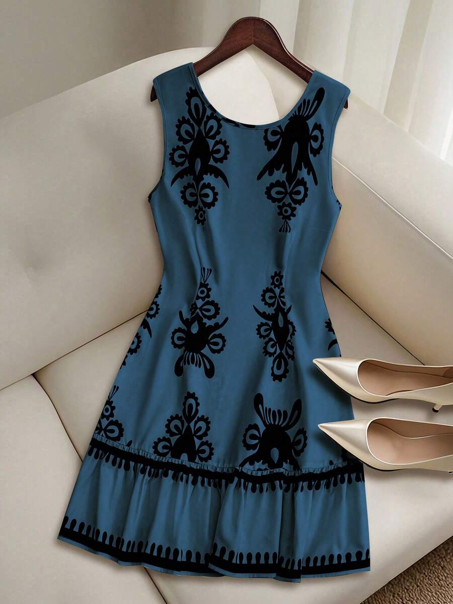 GlowEve Women's Summer Woven Sleeveless Round Neck Backless Tie-Up Floral Print Patchwork Ruffle Hem Short Dress, Random Print - Multicolor - View 1