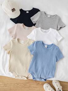 SHEIN 6件套男女宝宝通用新生儿100%纯棉休闲纯色弹力罗纹短袖连体衣套装，易于穿脱，春夏款 - 彩色 - 查看 3