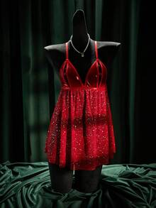 SpicyHot 1 Bộ đồ ngủ nữ cổ điển gợi cảm bằng vải lưới ánh bạc + quần lót G-string, thích hợp cho Ngày Valentine - Đỏ - Xem 5