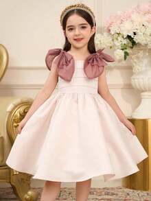SHEIN 少女腮紅粉色無袖洋裝，優雅正式派對禮服，適合夏季、7歲生日、提花太陽裙配蝴蝶結裝飾、淡雅茶會 - 香檳色 - 查看 4