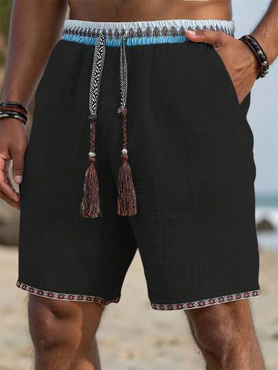 Manfinity RSRT Men's Casual Everyday Beach Vacation Wear, Classic Bohemian Style Casual Shorts, Made Of Imitation Linen Textured Fabric And Retro Pattern Webbing, These Shorts Come With An Elastic Waistband, Perfect For Hawaiian Beach Vacations, Music Festivals And Daily Wear, And Also A Great Gift For Your Boyfriend Or Husband. Men's Casual Holiday Drawstring Tassel Waist Shorts, Men's Summer Wear, Men's Shorts, Summer