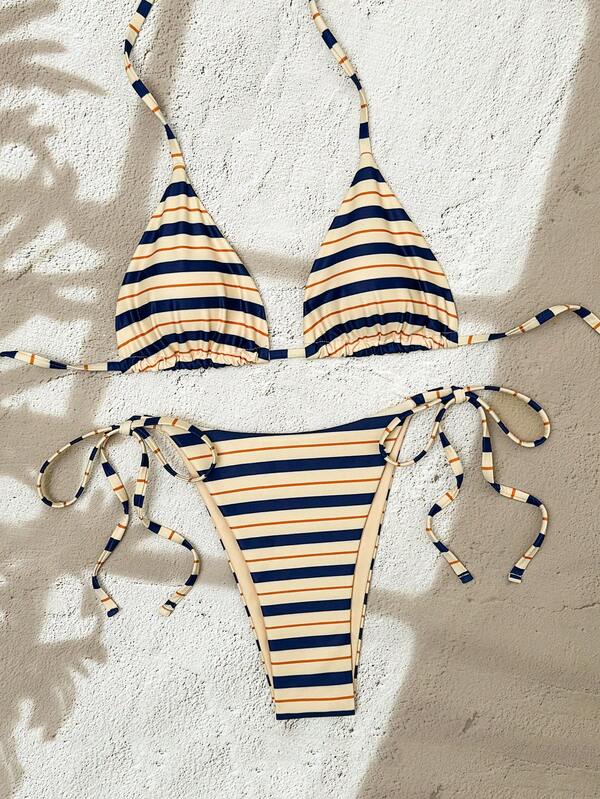 Swim Vcay 2026 New Spring/Summer Women 2pcs/Set Random Print Striped Triangle Bikini Bottoms Beach Vacation Elegant Sexy Swimwear Set