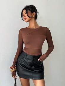 EMERY ROSE Áo thun nữ cổ tròn, phối lưới, tay raglan, ôm dáng, màu trơn - Cà phê nâu - Xem 3