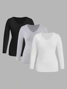 SHEIN CURVE+ 3件套加大码女式V领叠穿长袖套装，3件装上衣，紧身V领上衣，女式长袖上衣衬衫套装 - 彩色 - 查看 7