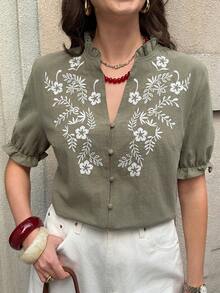 Solivie 女士优雅刺绣衬衫，春夏短袖衬衫，度假优雅波西米亚风夏季外出上衣 - 綠色 - 查看 5
