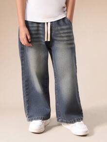 SUMWON Boys Vintage Wide Leg Denim Jeans With Drawstring Waist Casual Relaxed Fit Stonewashed Pants For Kids - Blue - View 4