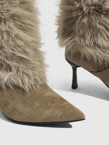 CUCCOO SZL Women's Pointed Toe Faux Fur Patchwork Knee-High Heeled Boots Valentine's Day - Khaki - View 6