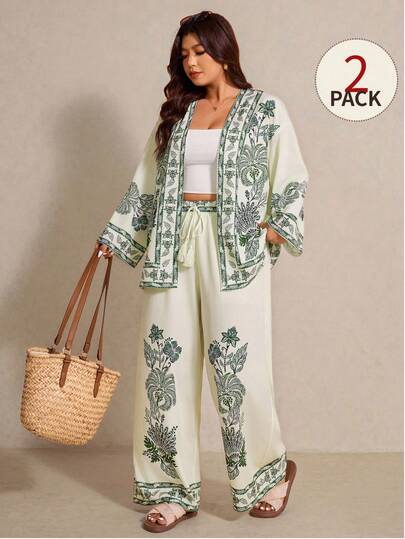 Elaquor Plus Size Women Vacation Casual Floral Print Cardigan & Loose Pants 2 Pieces Set
