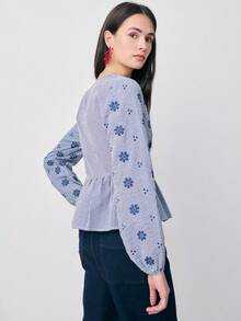 Nöista Long-Sleeve Blouse Features A V-Neckline, Cinched Waist, Peplum Hem Create A Flattering Silhouette. Spring, Summer, Easter. - Royal Blue - View 2