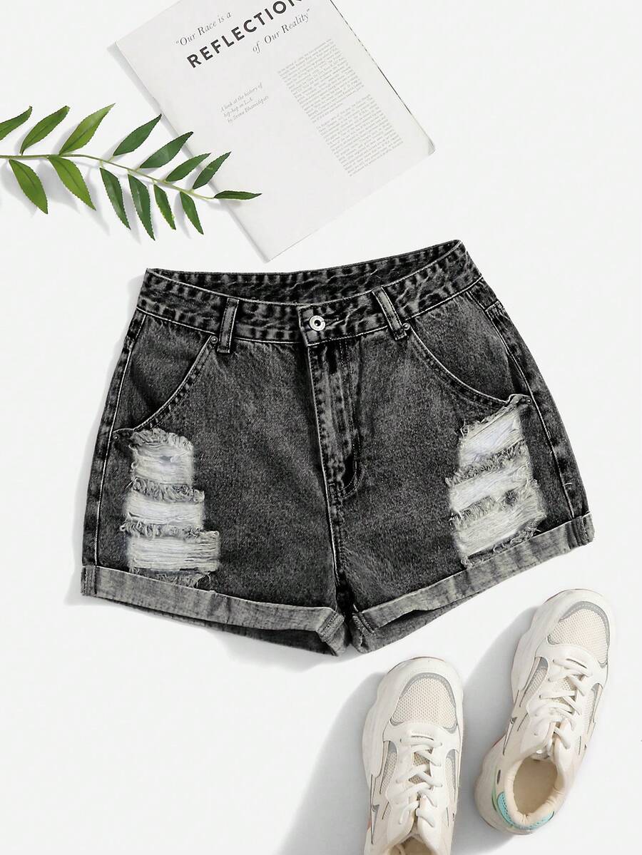 SHEIN EZwear 时尚夏季休闲做旧卷边牛仔短裤,带腰带环 - 淺灰色 - 查看 1