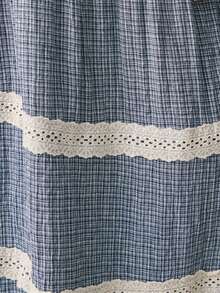 Nöista High Waist Long Skirt In Blue Checks With 3 Contrast Lace Trimming Lines. - Multicolor - View 6