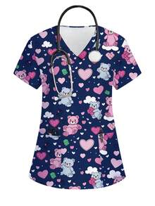 PopScrub Cartoon Bear Heart-Shaped Short Sleeve Women Nursing Scrubs Top, Nurse Uniform - Multicolor - View 1