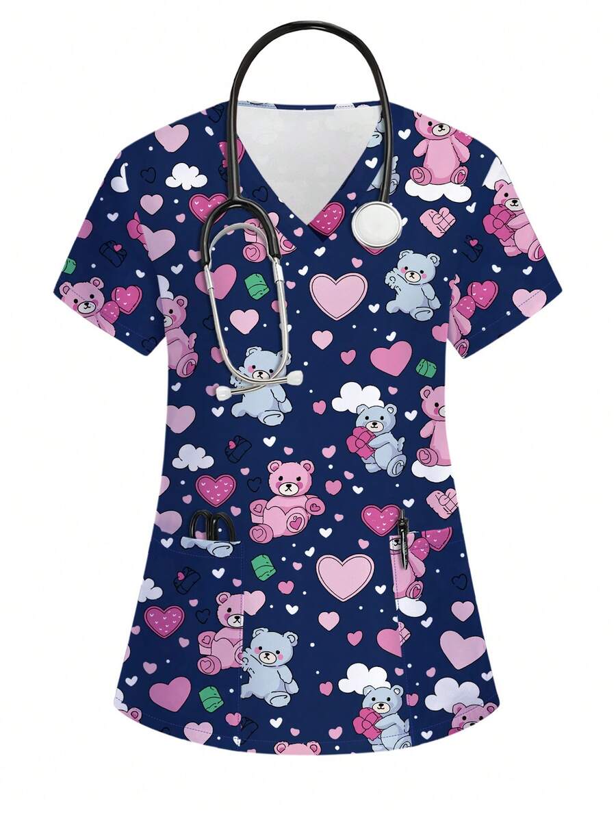 PopScrub Cartoon Bear Heart-Shaped Short Sleeve Women Nursing Scrubs Top, Nurse Uniform - Multicolor - View 1