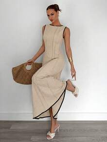 Siren Gaze 夏季新款褶皱无袖A字连衣裙 - 杏色 - 查看 5