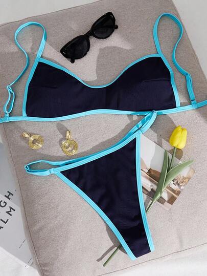 Swim SXY Women's Textured Fabric Trim Contrast Color Backless Sexy Thong Bikini Set, Beach/Resort Wear