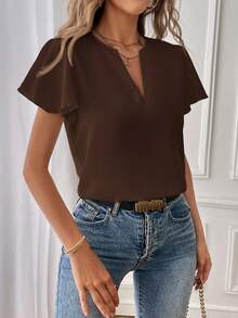 SHEIN Essnce 女士休闲通勤夏季纯色荷叶袖钥匙孔领衬衫 - 咖啡棕 - 查看 4