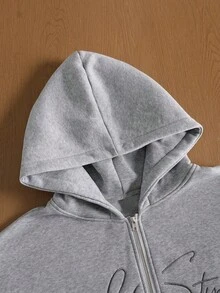 TOKVUE 男士字母刺绣拉链连帽衫和运动裤套装，休闲款 - 灰色 - 查看 5