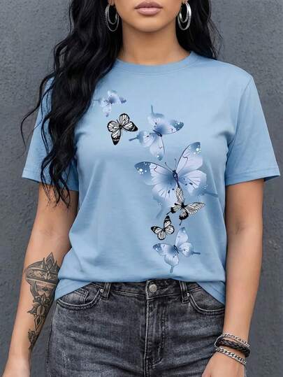 Camiseta playera blusa gráfica estampada mujer dama básica manga corta cuello redondo estampado mariposa mariposas insecto flores flor floral primavera verano uso diario día noche casual corte regular cómoda fresca ligera moderna juvenil colegio escuela calle casa